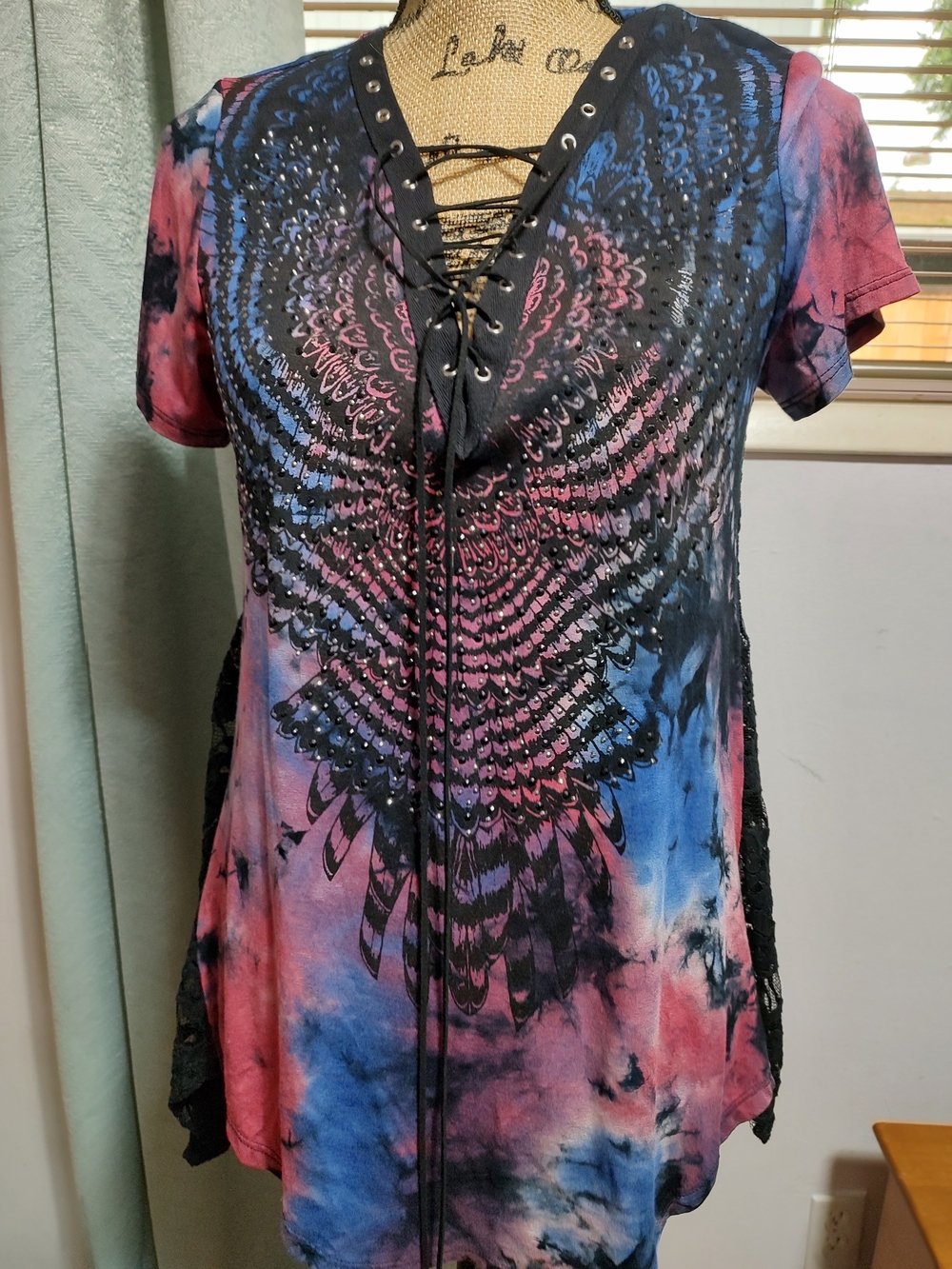 Lace-Up Tie-Dye Short Sleeve Top in Pink and Blue